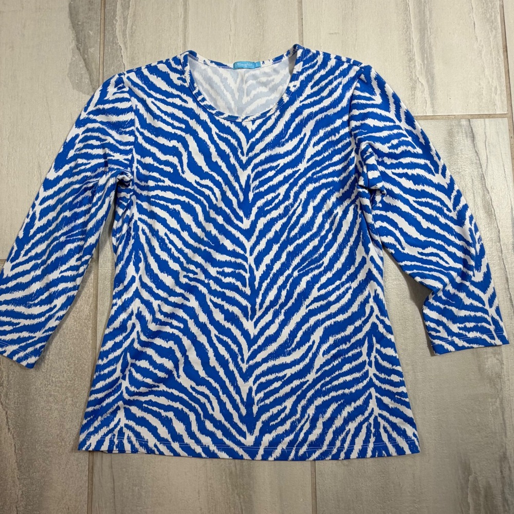 J.McLaughlin Womens Blue‎ White Zebra Print Long Sleeve Top Small Nylon Spandex